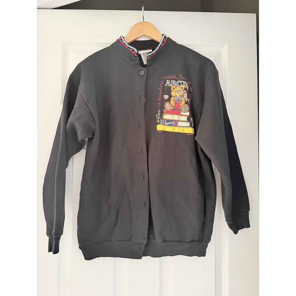 Vintage Morning Sun Black School Teddy ABC Cardigan Apple Collar Detail Teacher